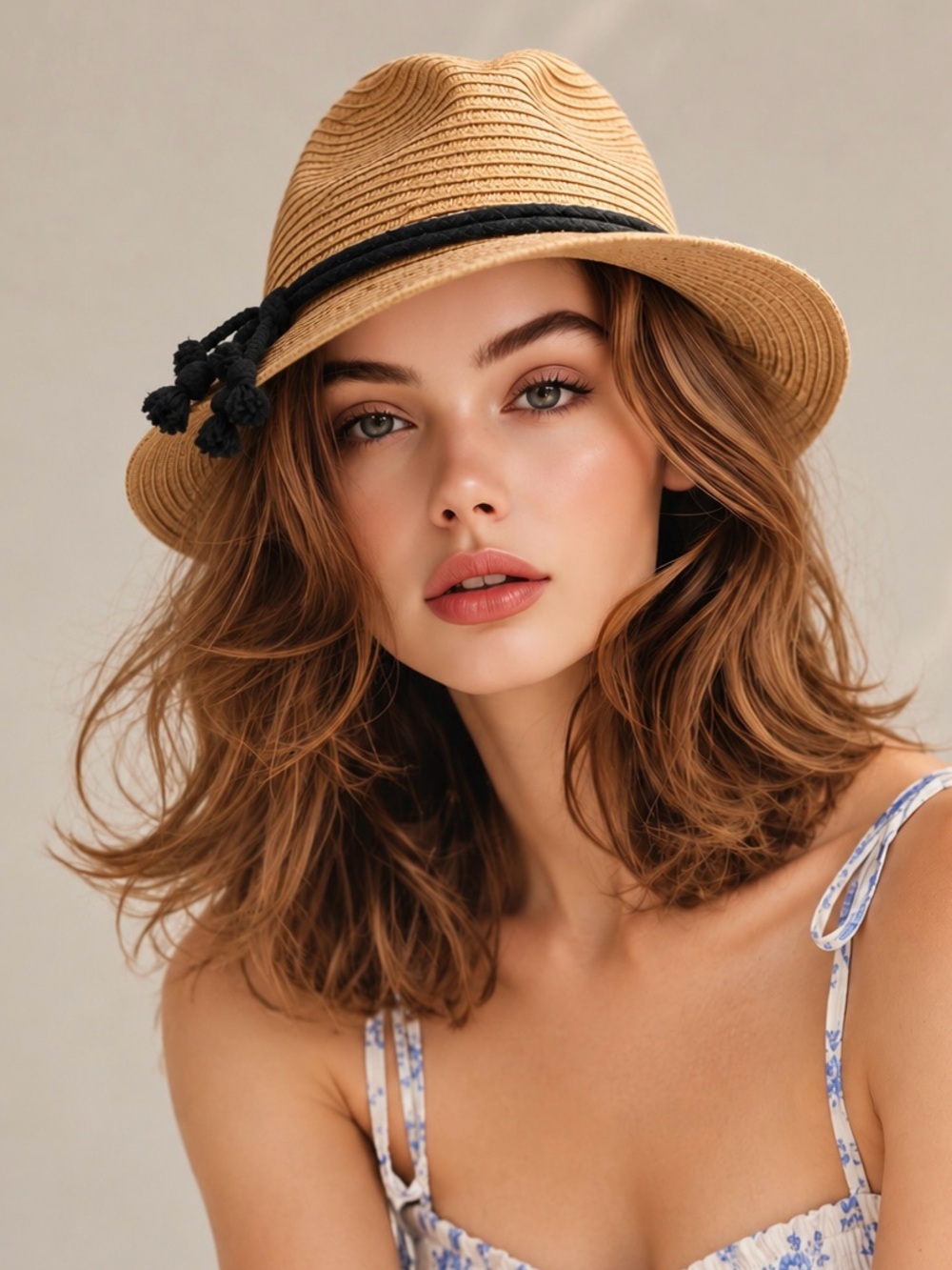 Tan Straw Fedora with Black Rope Accent